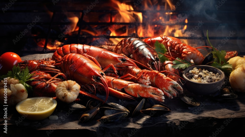 Gourmet seafood grilling during winter with lobster tail salmon and seasoned whole marine fish over hot coals - obrazy, fototapety, plakaty 