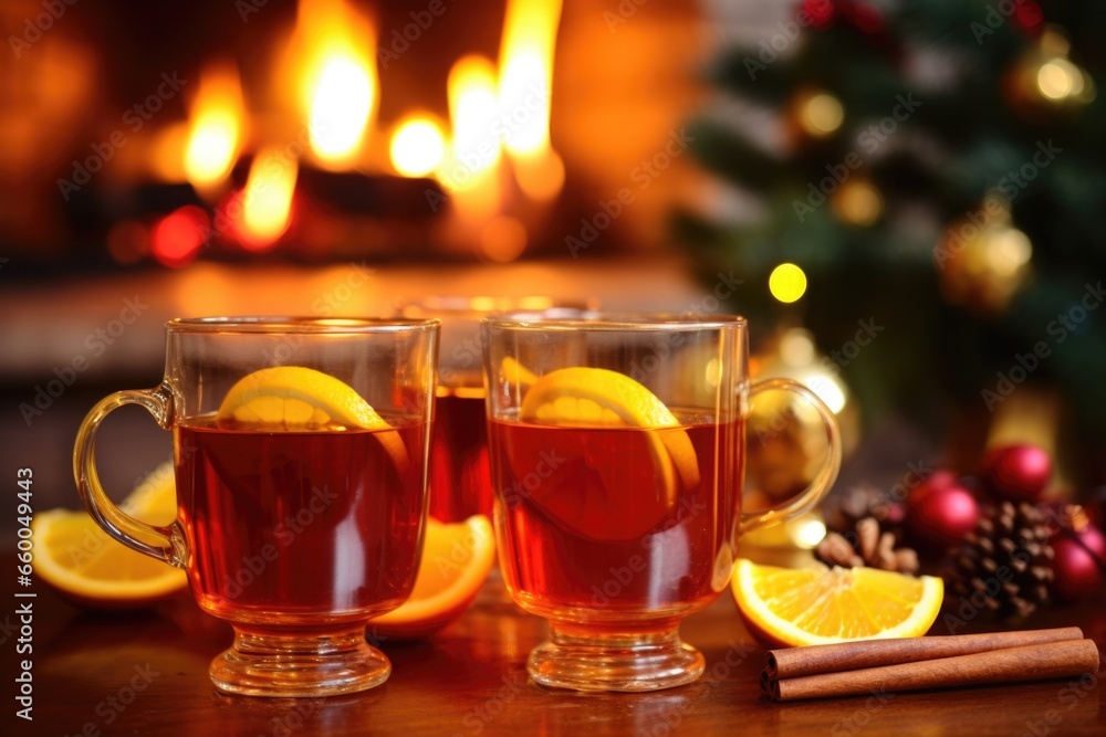hot toddy glasses with holiday candles in the background hot toddy glasses with holiday candles in the background