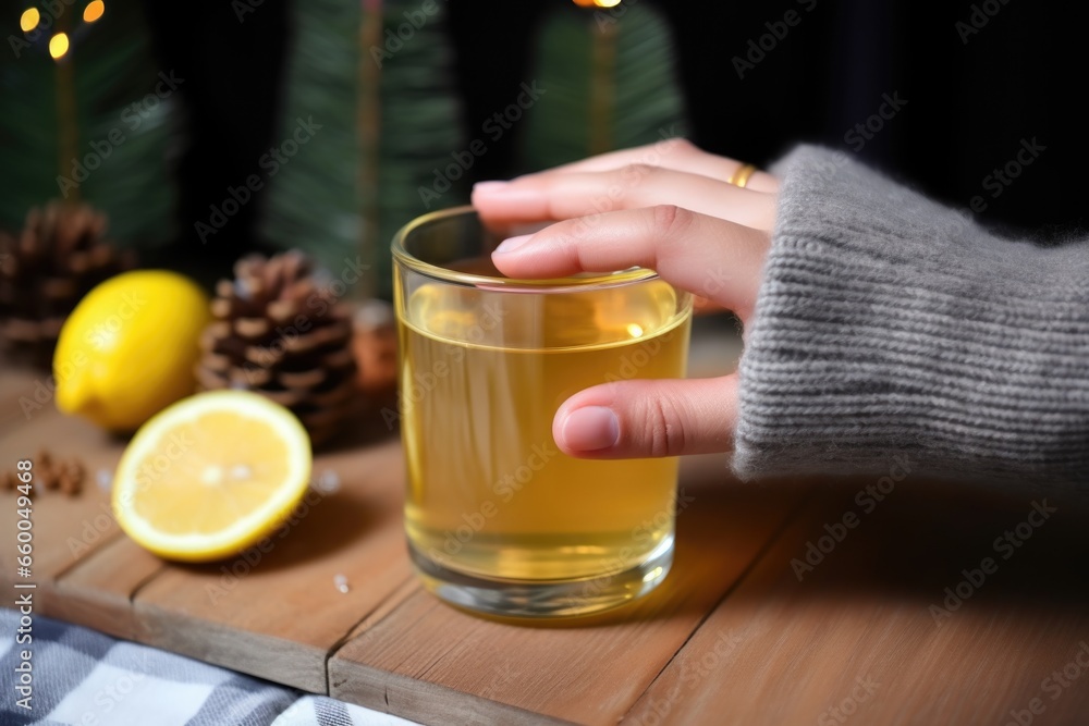 hand wiping condensation off a glass of hot toddy hand wiping condensation off a glass of hot toddy