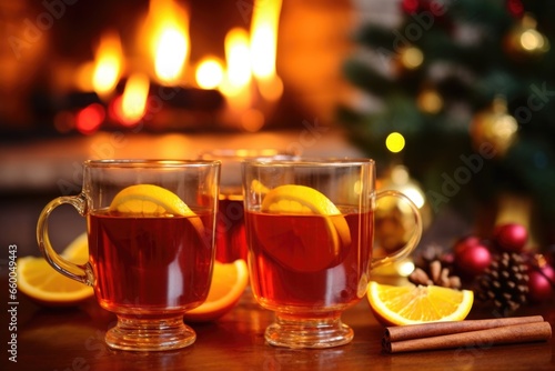 hot toddy glasses with holiday candles in the background