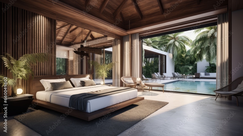 Luxurious bedroom interior design in pool villa with king bed and high ceiling