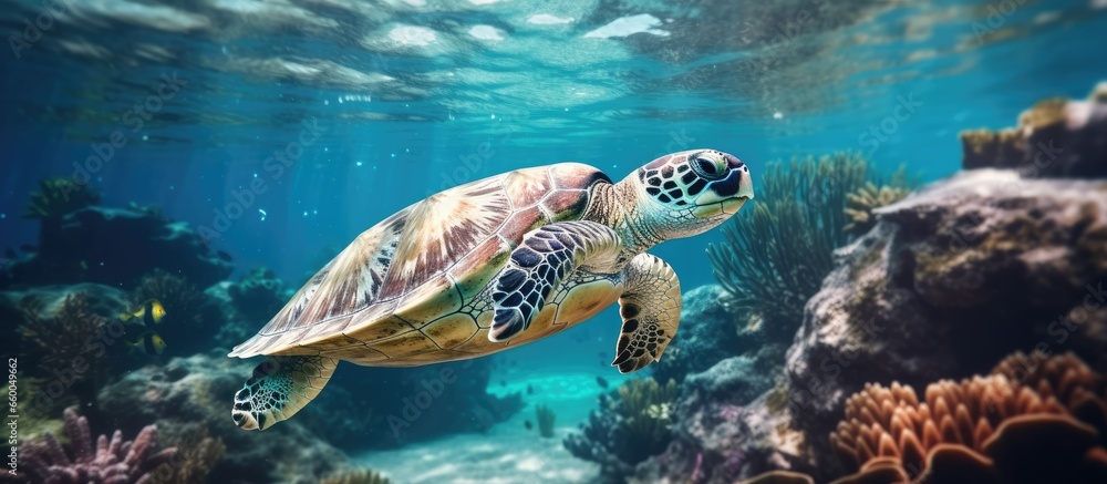 Fototapeta premium Underwater sea turtles swim With copyspace for text