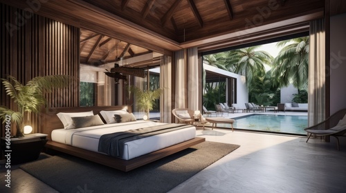 Luxurious bedroom interior design in pool villa with king bed and high ceiling