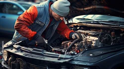 Mechanic inspects car crash damage checking hood radiator engine and electronics Fixes engine for use