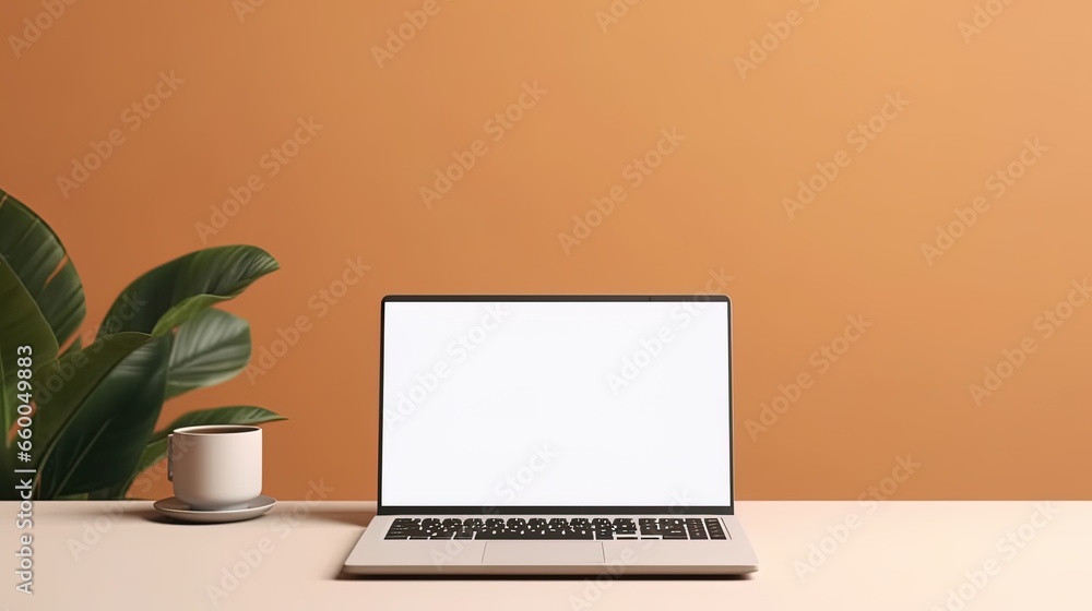 Fototapeta premium Laptop with blank screen on table workspace laptop showing blank screen background