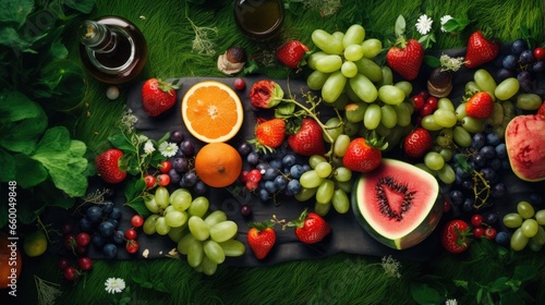 Healthy picnic with fruits watermelon grapes strawberries on grass Top view Copy space Romantic date girl party Vegan and vegetarian diet