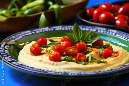 hummus with cherry tomatoes and snow peas on a teal plate