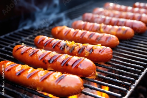 close-up of grilled hot dogs on a barbecue