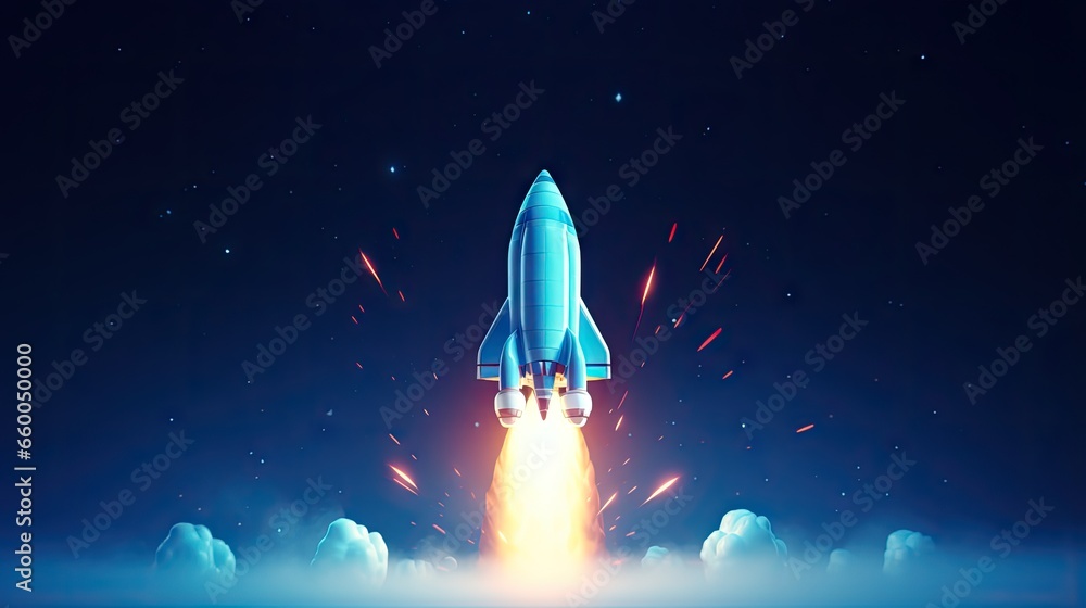 Obraz premium Illustration of a 3D rocket launching on a blue background symbolizing a startup business concept with a spaceship icon