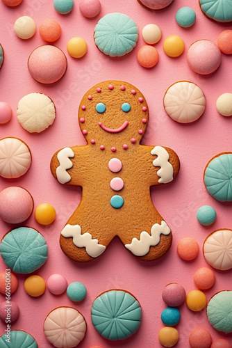 Top view of traditional Christmas gingerbread man with colorful buttons on pink background.