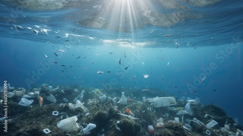High plastic pollution in the Mediterranean Sea Seafloor covered with plastic waste including bottles bags and debris