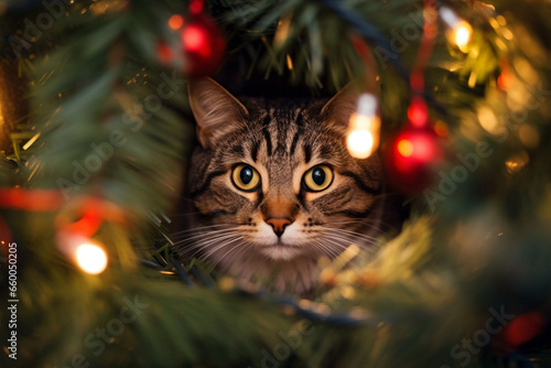 Domestic cat hiding in Christmas tree between lights and baubles