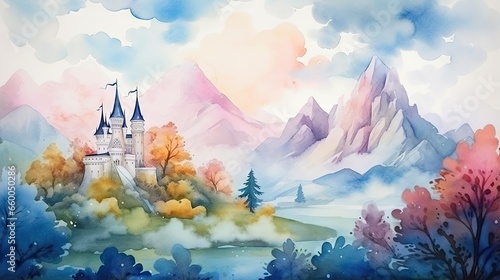 Illustration of a charming watercolor autumn landscape featuring a castle trees mountains clouds and a fairy tale ambiance