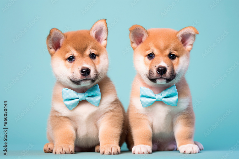 Pair of Shiba Inu dog puppies with bowties on pastel blue background