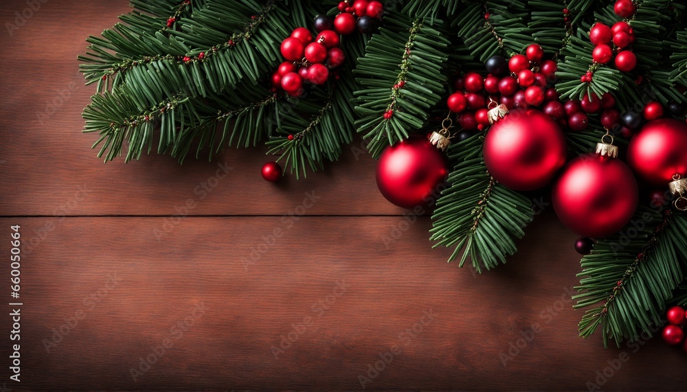 Festive Background with Pine Branches and Crimson Berries