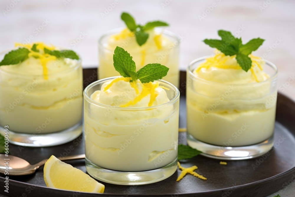 lemon mousse garnished with lemon zest and mint leaf lemon mousse garnished with lemon zest and mint leaf