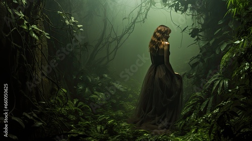 Model amidst a dense, tropical jungle mist, drawing from a palette of lush greens and earthy browns