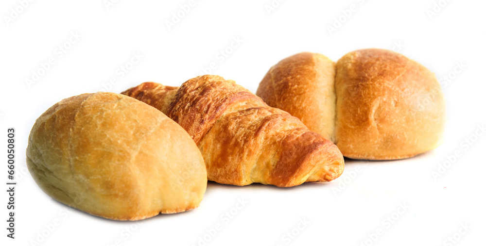 Fresh crispy baked bun and croissant on a white background