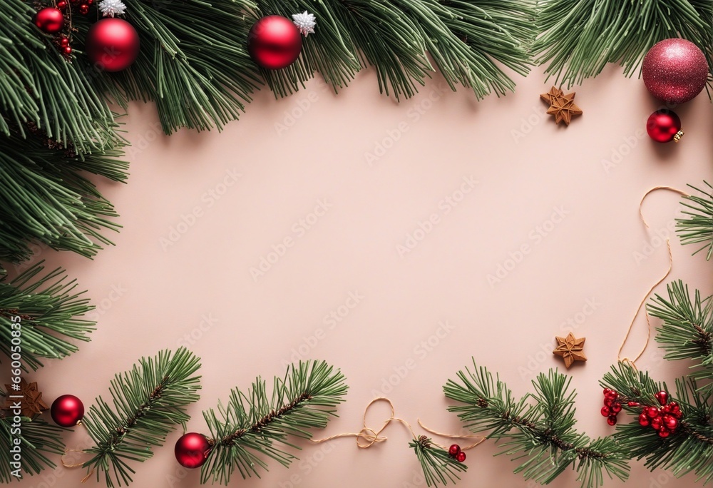 Fir Tree Frame with Decorations on Gray Background. Christmas, Winter, New Year Theme. Flat Lay with Copy Space. Fir Tree Frame with Decorations on Gray Background. Christmas, Winter, New Year Theme. Flat Lay with Copy Space.