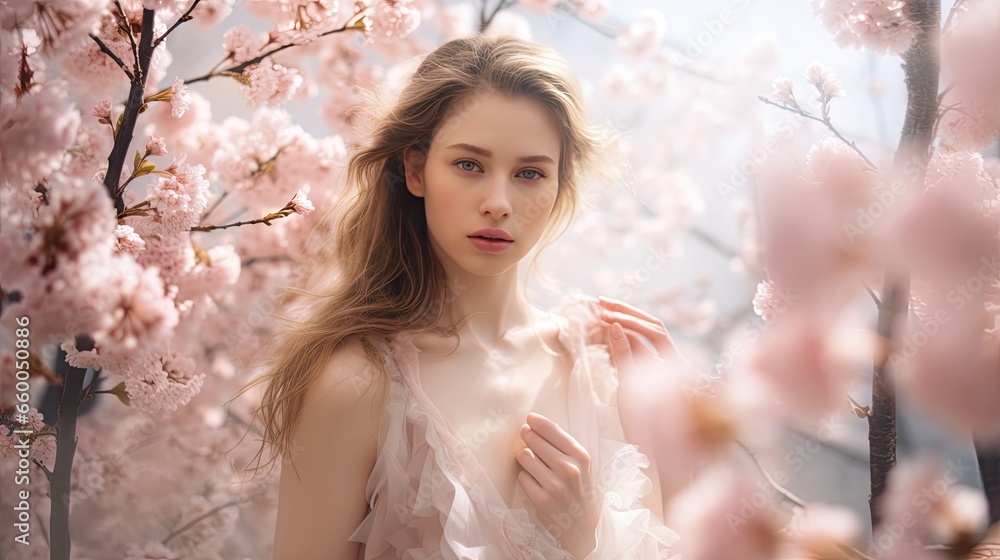 Model surrounded by the gentle mist of a spring morning, with cherry blossoms creating a palette of soft pinks and whites Model surrounded by the gentle mist of a spring morning, with cherry blossoms creating a palette of soft pinks and whites