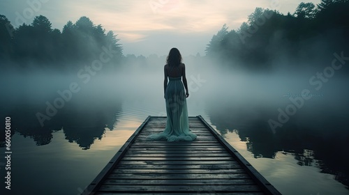 Model on a dock  with a mysterious mist rising from a serene lake  drawing from cool blues and greens