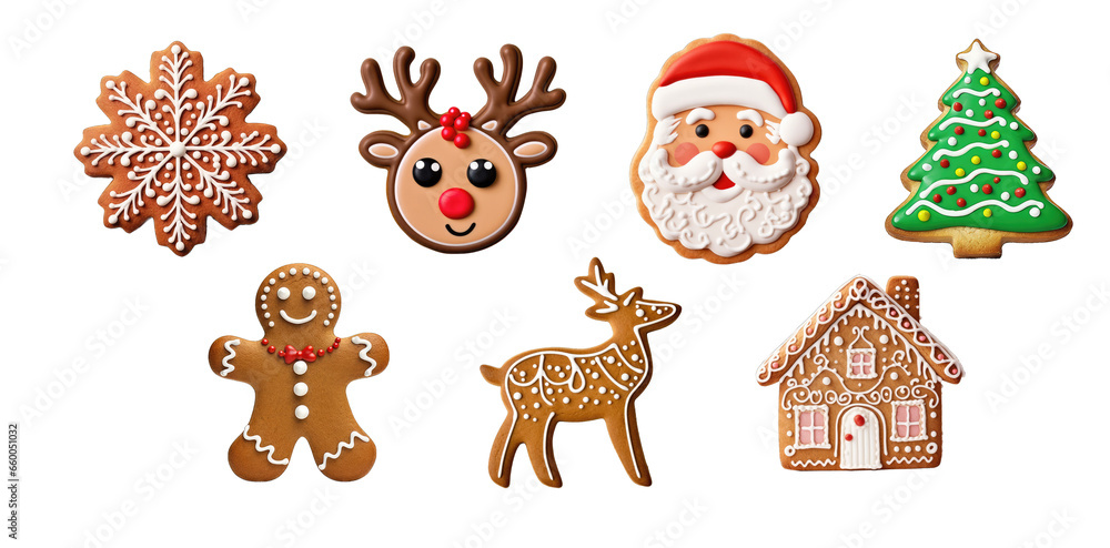 Obraz premium Cute Winter Set of Christmas Sugar Cookies. Gingerbread with Cute Design on transparent background, png - Generative AI