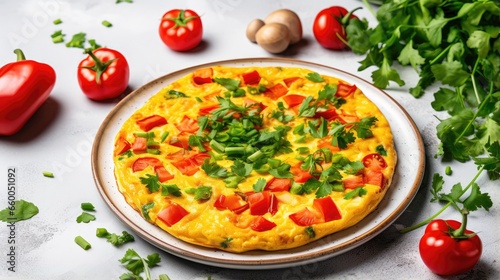 Healthy homemade food Vegan chickpea omelet with bell peppers tomatoes cucumbers lettuce and parsley on a light gray textured background