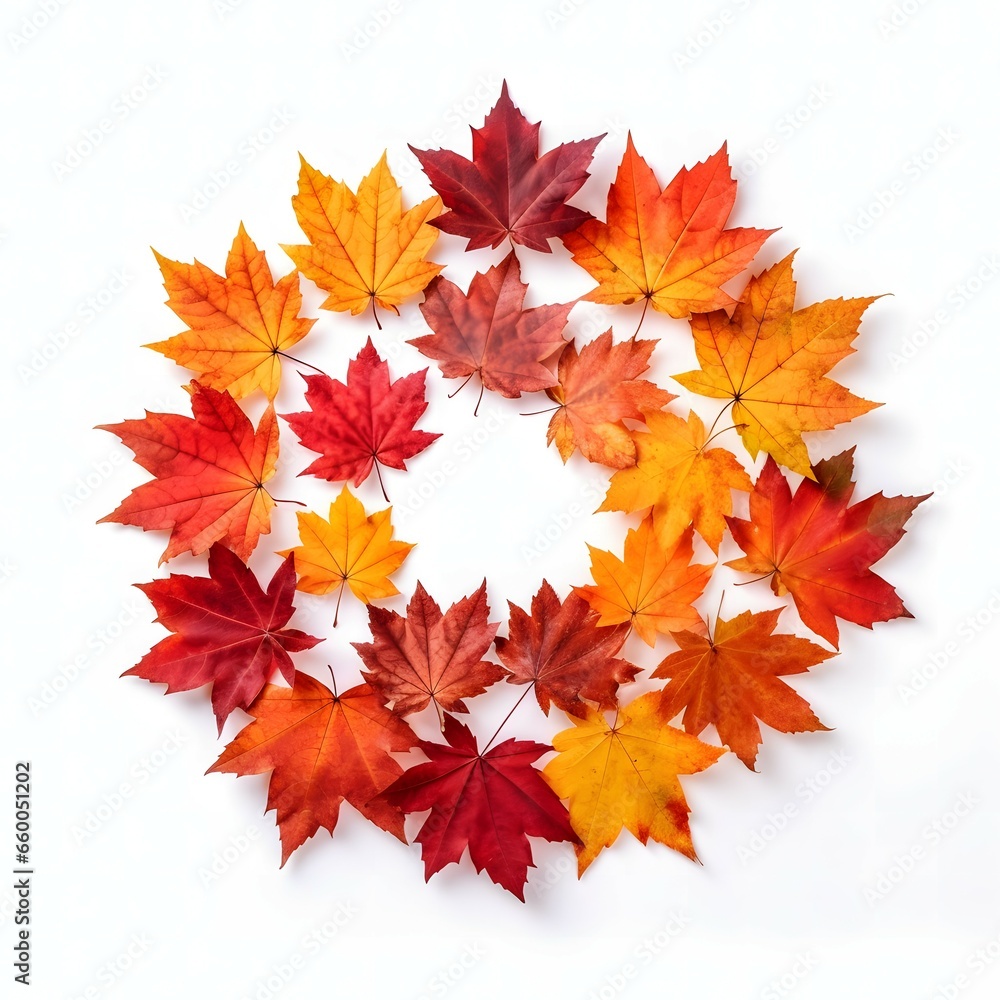 Autumn leaves laid out in a circle on a white background. AI. Autumn leaves laid out in a circle on a white background. AI.