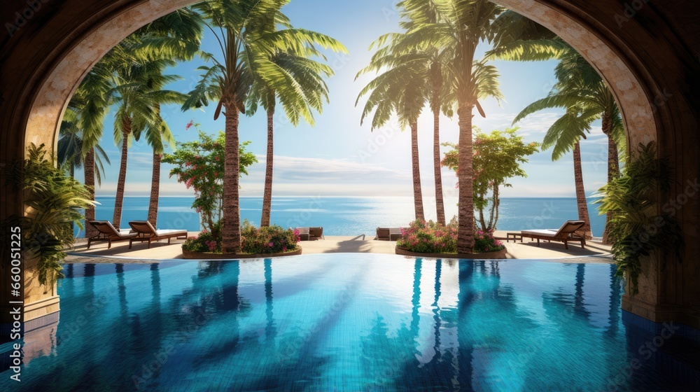 Gorgeous pool with palm trees and ocean view Thai decor