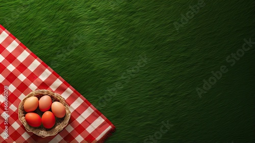 Empty space outdoor food advertisement design with red picnic blanket and Easter decorative backdrop on green grass background