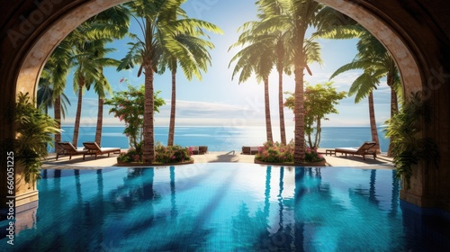 Gorgeous pool with palm trees and ocean view Thai decor