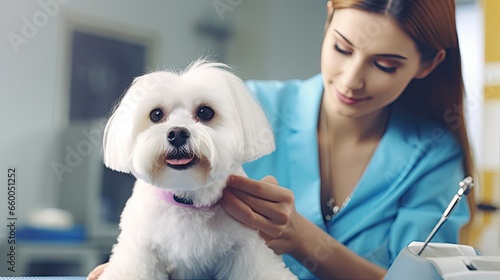 Maltese dog in vet clinic g...