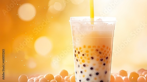 Mango lemon flavored Taiwan bubble milk tea with boba pearls in a plastic cup perfect for summer refreshment