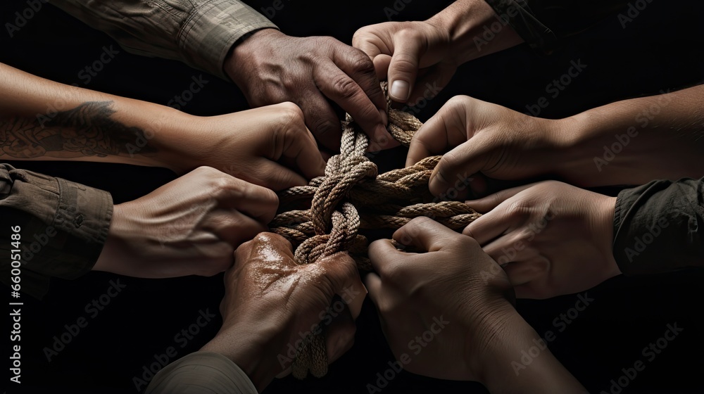 Group held together like interconnected ropes tied by a strong knot symbolizing unbreakable community trust and faith - obrazy, fototapety, plakaty 