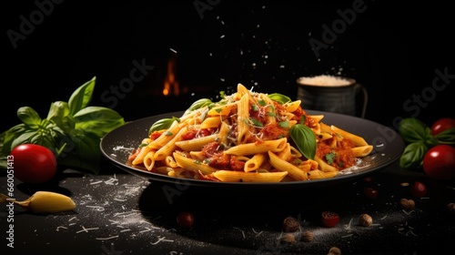 Italian penne alla arrabiata with basil grated parmesan on dark table Spicy penne pasta arrabbiata with cheese and basil