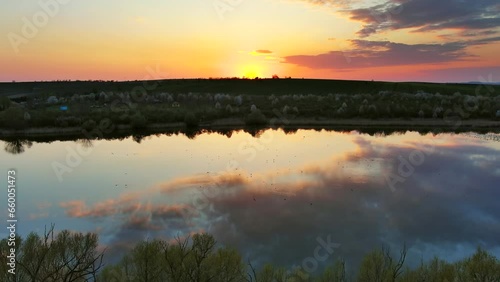Wallpaper Mural Aerial view of amazing wavy hills and birds on pond at sunset. South Moravia region, Czech Republic, Europe, 4k Torontodigital.ca
