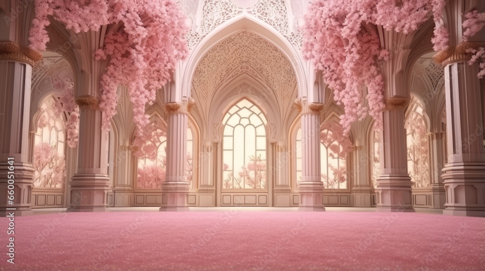 Floral pink Mosque adorned for Ramadan Kareem