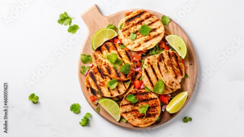 Health conscious presentation of gluten free tortillas with grilled chicken avocado salsa limes served on a light grey marble table top Focus on health dietary restrictions and weight managemen