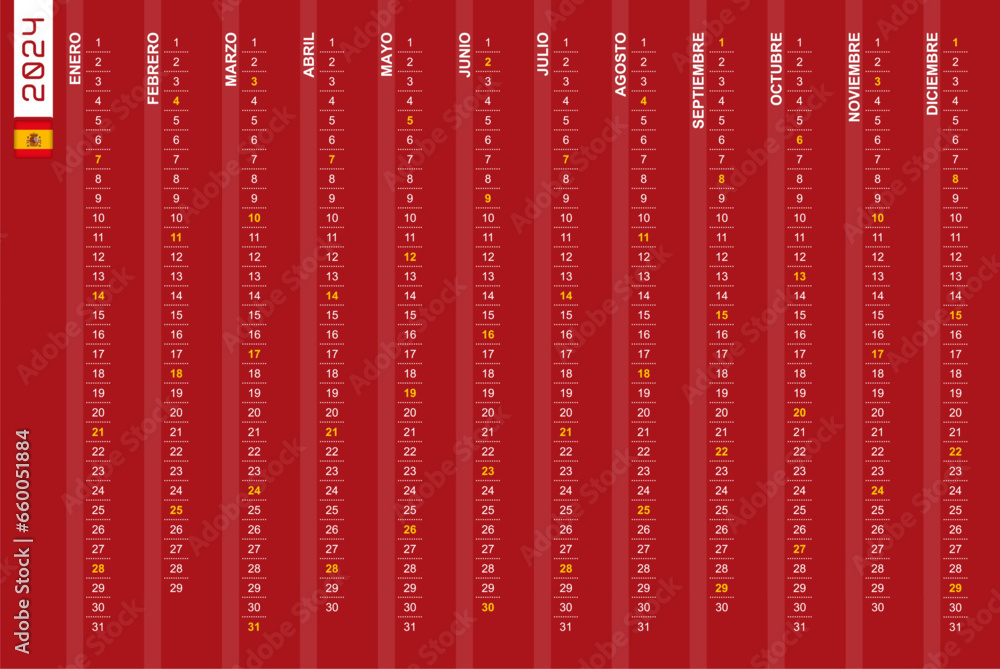 Onerow vertical calendar for the year 2024 in Spanish. Spanish
