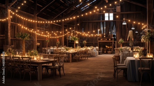 Indoor rustic wedding with charming string lighting in an elegant barn to celebrate love and marriage