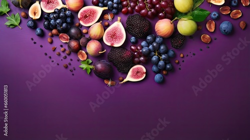 Food concept Artistic arrangement of purple fruits and vegetables on a purple surface Flat lay Macro idea