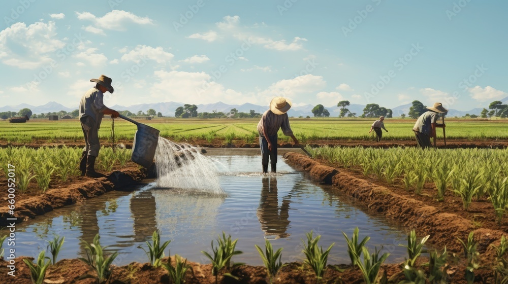 Farmers using water to irrigate the field