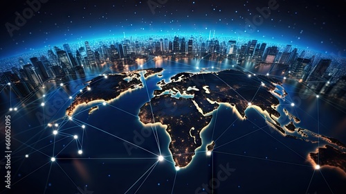Global communication technology with interconnected internet network worldwide telecommunication and data transfer linking internationally IoT finance business blockchain security