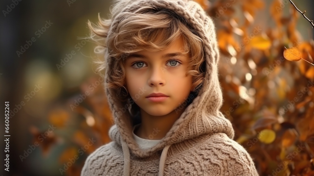 Beautiful children models in a knitted hat and sweater against the background of autumn foliage. Modern autumn outfit. fashion campaign shoot Beautiful children models in a knitted hat and sweater against the background of autumn foliage. Modern autumn outfit. fashion campaign shoot