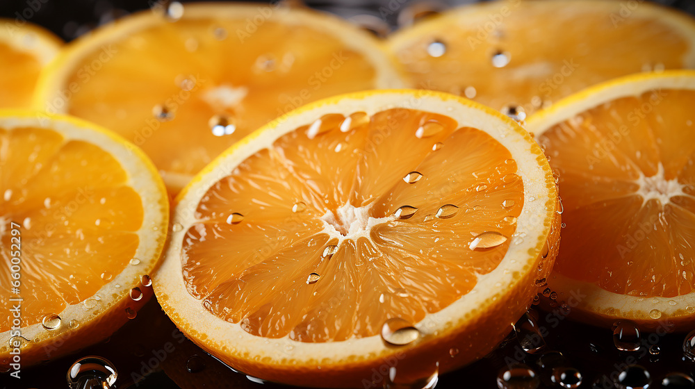 Appetizing cut orange fruits with drops of juice Appetizing cut orange fruits with drops of juice