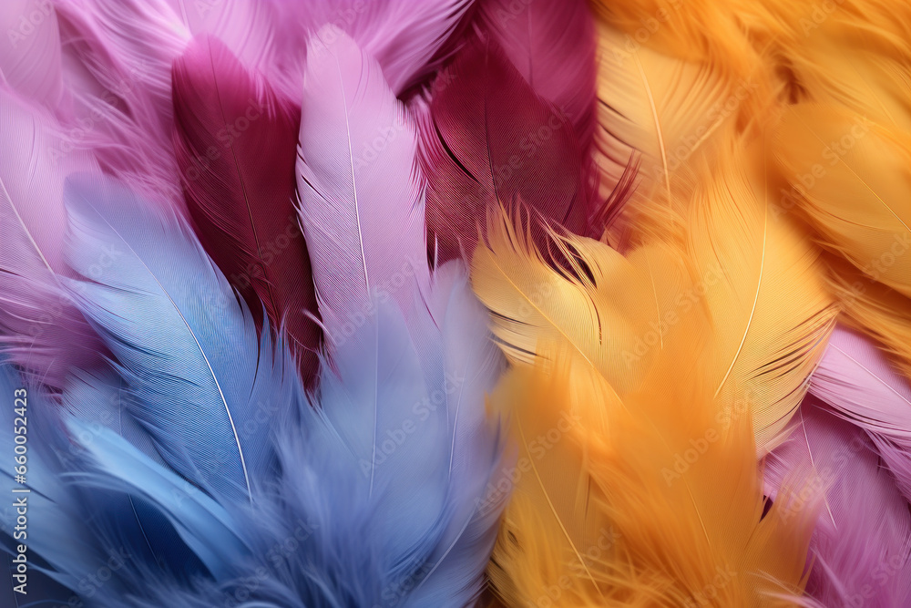 Fototapeta premium Beautiful multi-colored feathers of a fantastic bird, background of colorful feathers