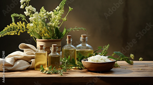 Still life composition on a table with medicinal plants and natural cosmetics