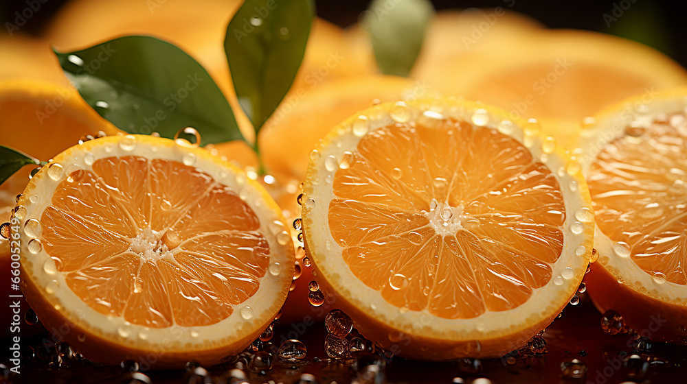 Appetizing cut orange fruits with drops of juice Appetizing cut orange fruits with drops of juice