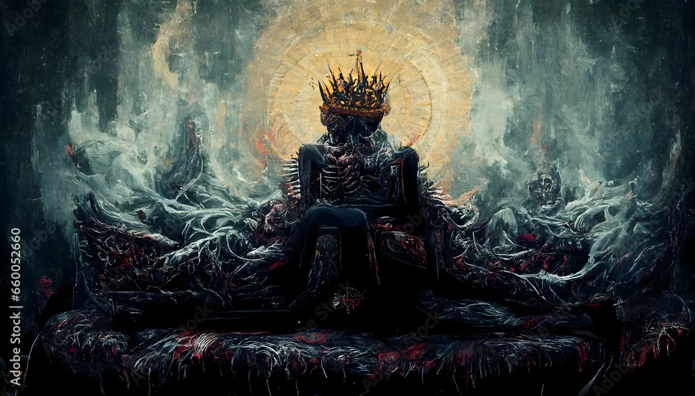 a king sitting on a throne deathcore fullbody god20 evil smile holding a sword upside down 8k 