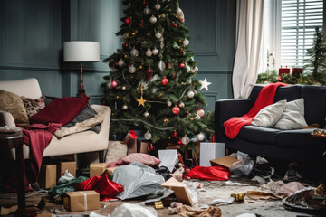 Interior of very messy living room after Christmas party